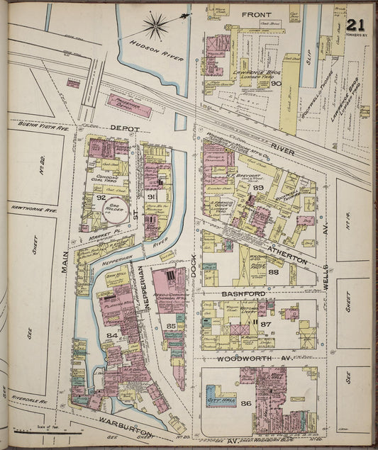 Sanborn Fire Insurance Map from Yonkers, Westchester County, New York (1886), Sheet #0021 - Historic Sanborn Fire Insurance Map Print, vintage old map wall art, antique decor, genealogy gift, New York New York map