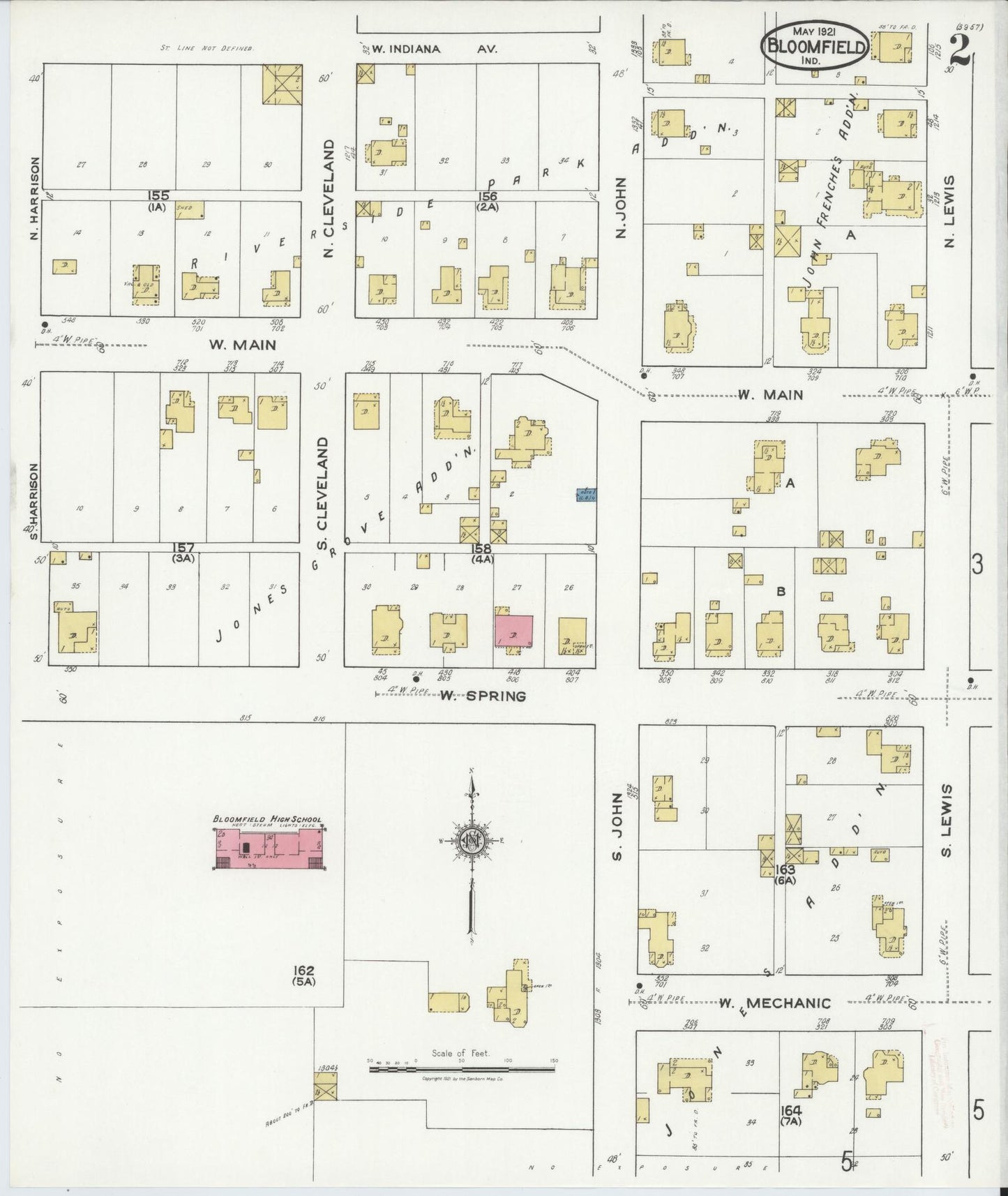 Sanborn Fire Insurance Map from Bloomfield, Greene County, Indiana (1921), Sheet #0002 - Complete Map Set gallery image, historic Sanborn map, vintage wall art, Indiana Indiana