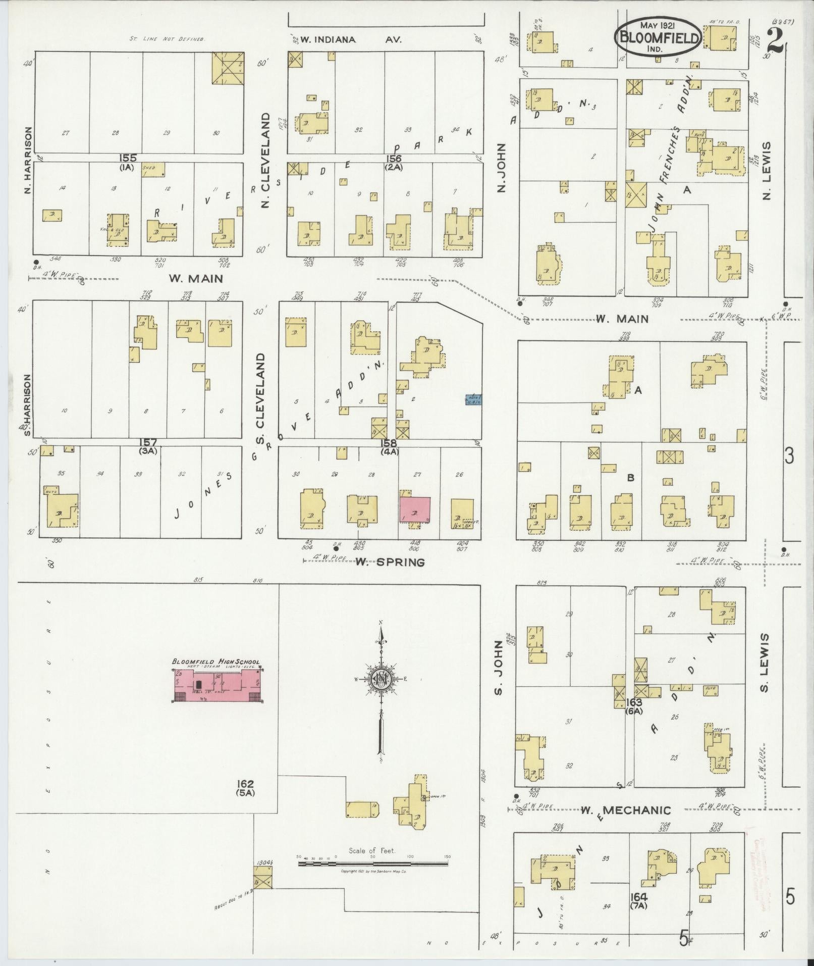 Sanborn Fire Insurance Map from Bloomfield, Greene County, Indiana (1921), Sheet #0002 - Complete Map Set gallery image, historic Sanborn map, vintage wall art, Indiana Indiana