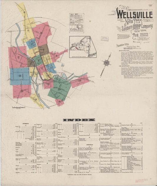 Sanborn Fire Insurance Map from Wellsville, Allegany County, New York (1922), Sheet #0001 - Historic Sanborn Fire Insurance Map Print, vintage old map wall art, antique decor, genealogy gift, New York New York map