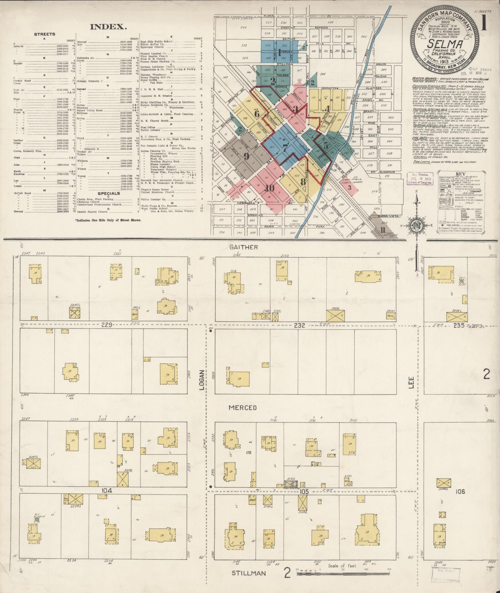 Sanborn Fire Insurance Map from Selma, Fresno County, California (1913), Sheet #0001 - Complete Map Set gallery image, historic Sanborn map, vintage wall art, California California