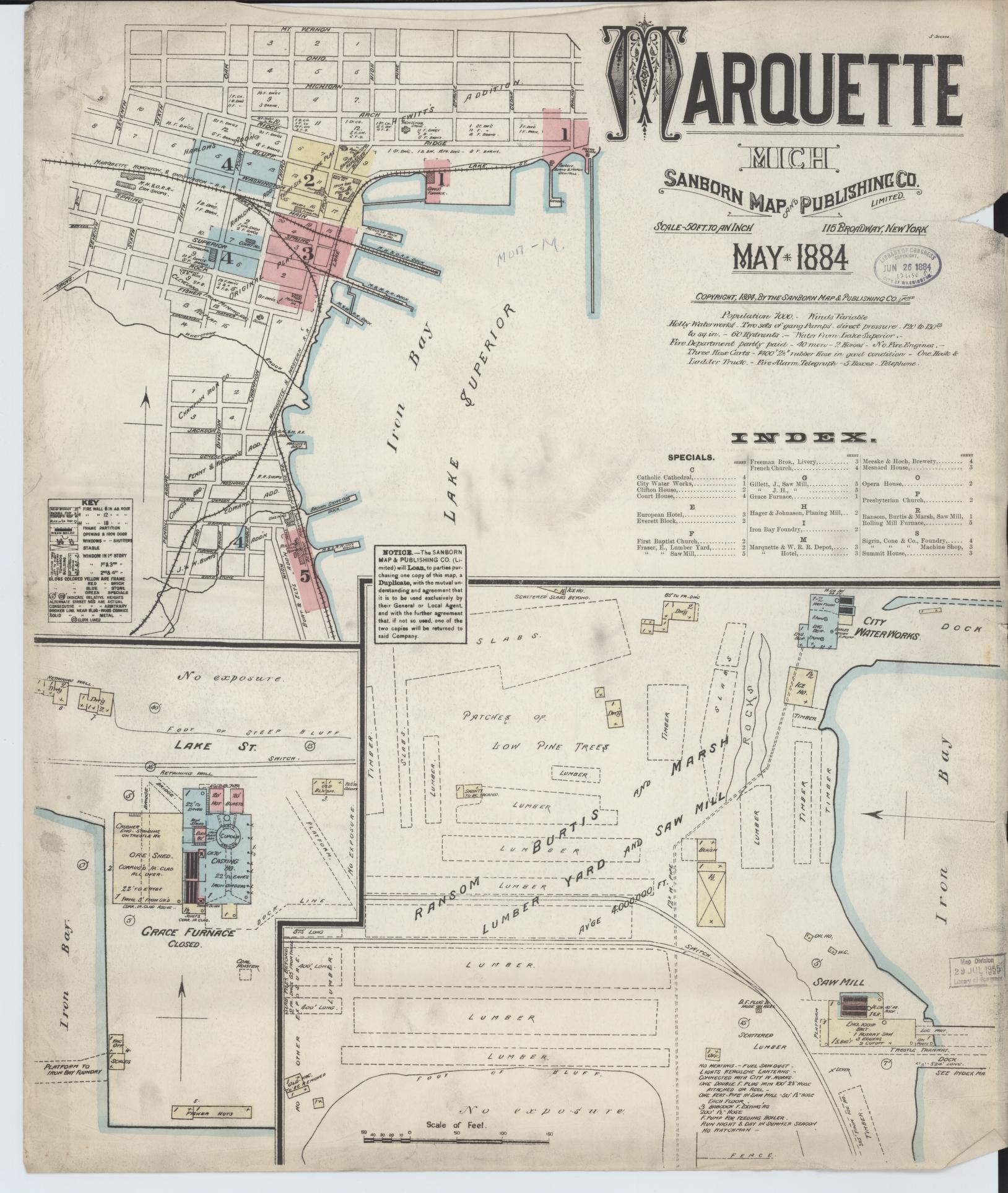 Sanborn Fire Insurance Map from Marquette, Marquette County, Michigan (1884), Sheet #0001 - Historic Sanborn Fire Insurance Map Print, vintage old map wall art, antique decor, genealogy gift, Michigan Michigan map