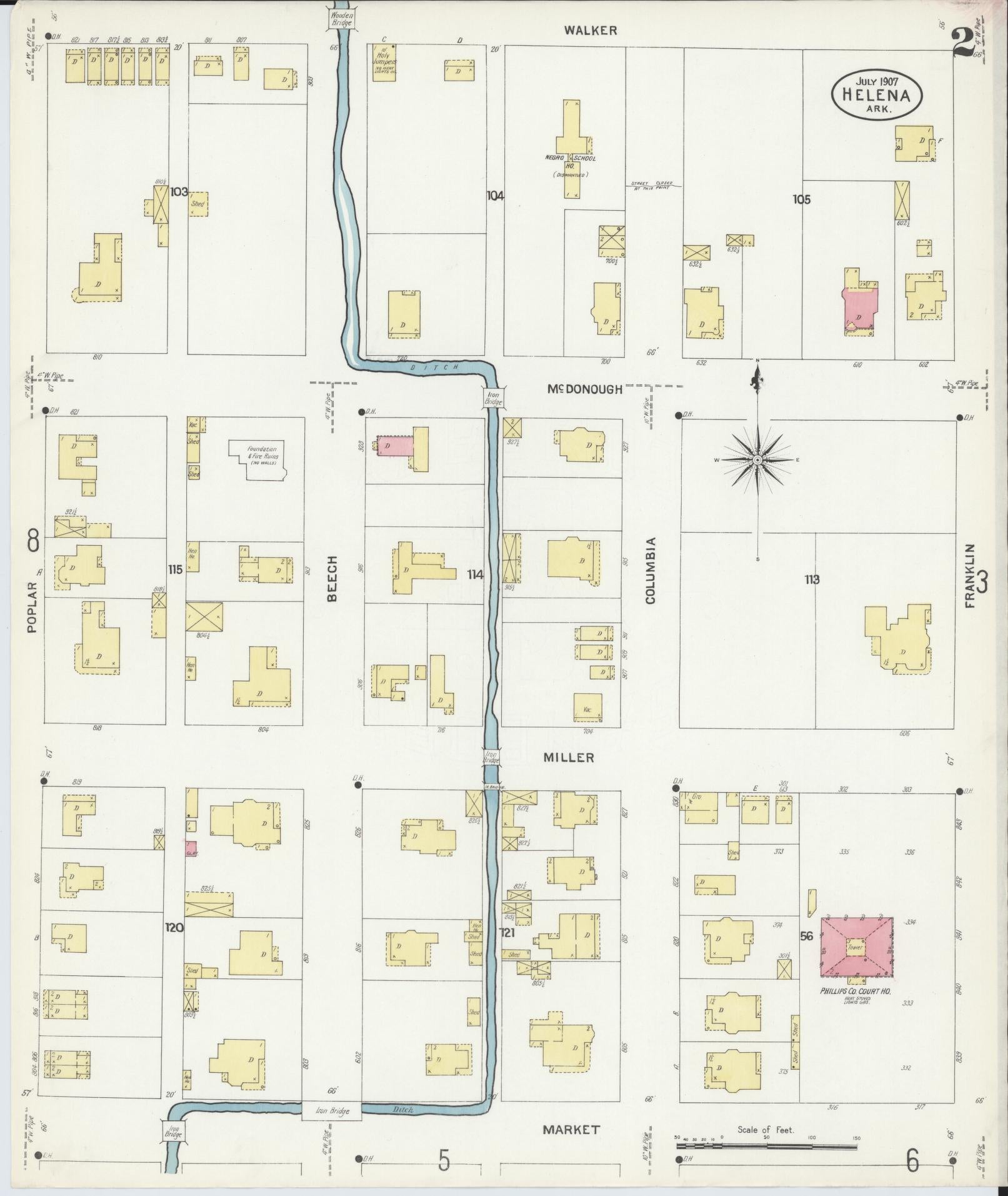 Sanborn Fire Insurance Map from Helena, Phillips County, Arkansas (1907), Sheet #0002 - Complete Map Set gallery image, historic Sanborn map, vintage wall art, Arkansas Arkansas