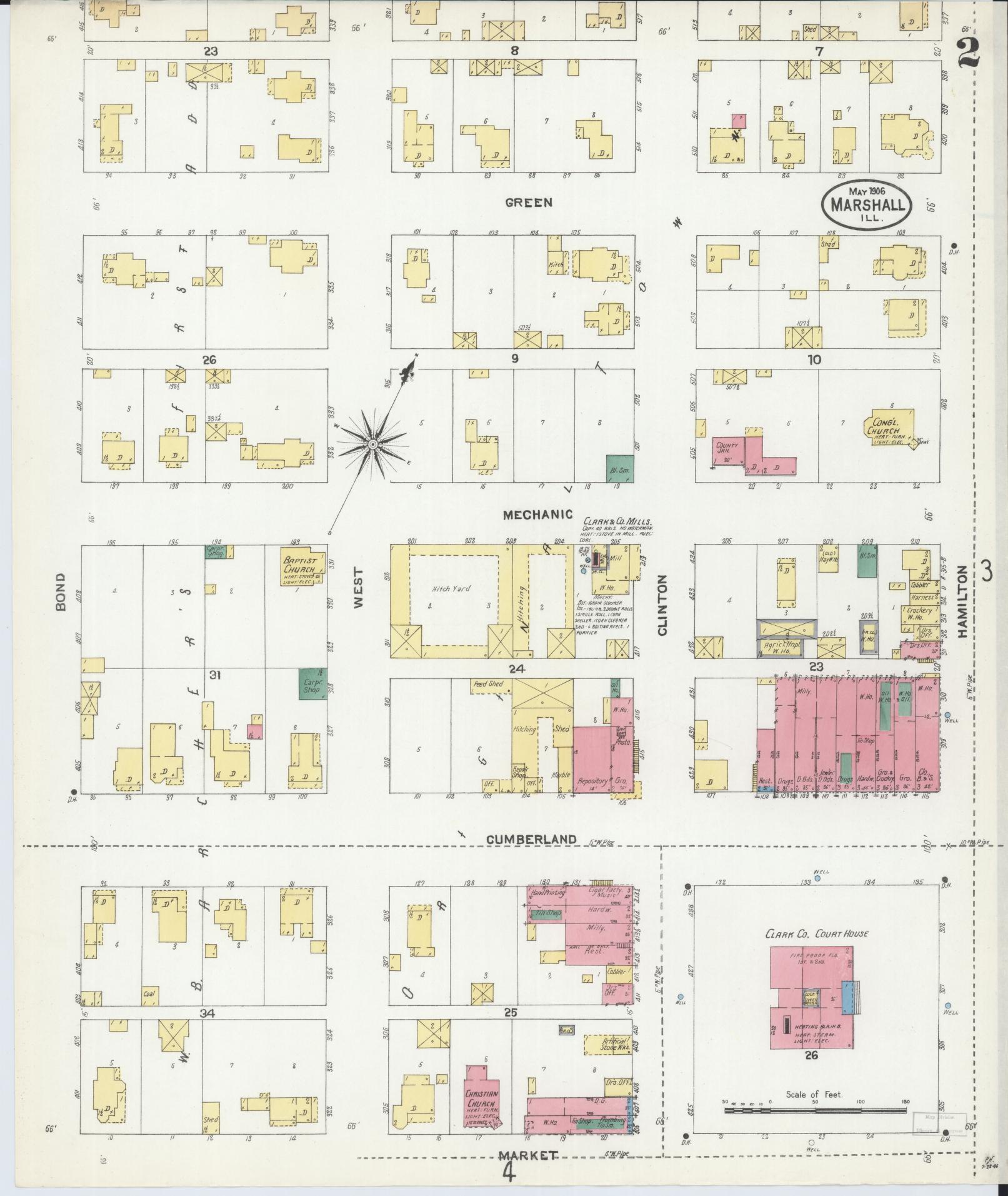 Sanborn Fire Insurance Map from Marshall, Clark County, Illinois (1906), Sheet #0002 - Historic Sanborn Fire Insurance Map Print, vintage old map wall art, antique decor, genealogy gift, Illinois Illinois map