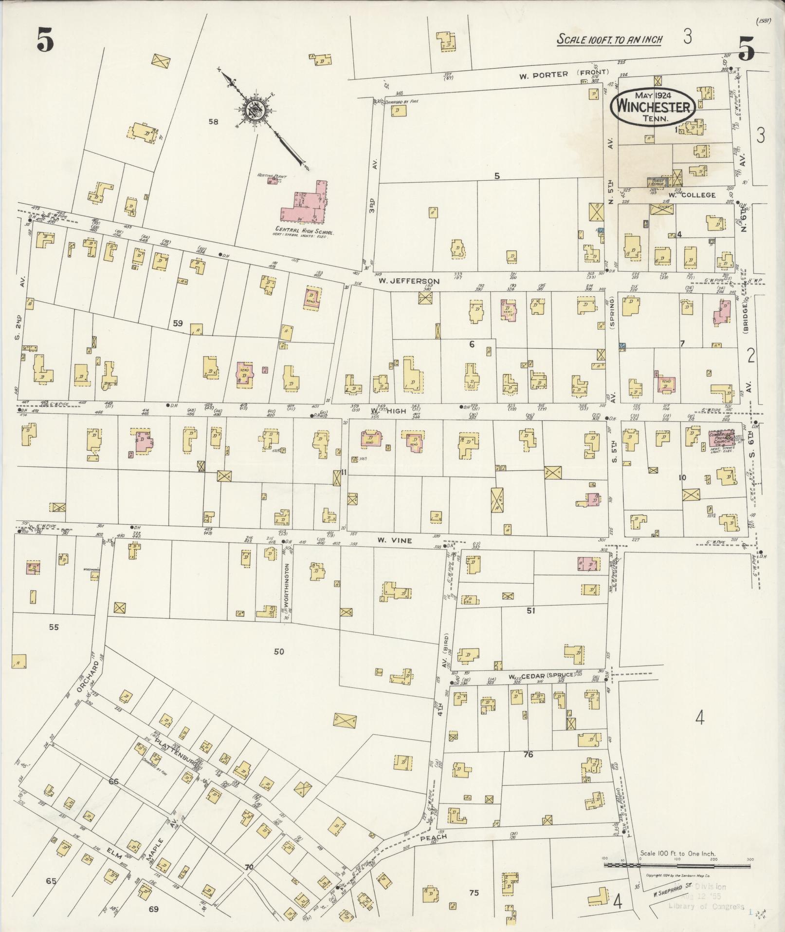 Sanborn Fire Insurance Map from Winchester, Franklin County, Tennessee (1924), Sheet #0005 - Complete Map Set gallery image, historic Sanborn map, vintage wall art, Tennessee Tennessee