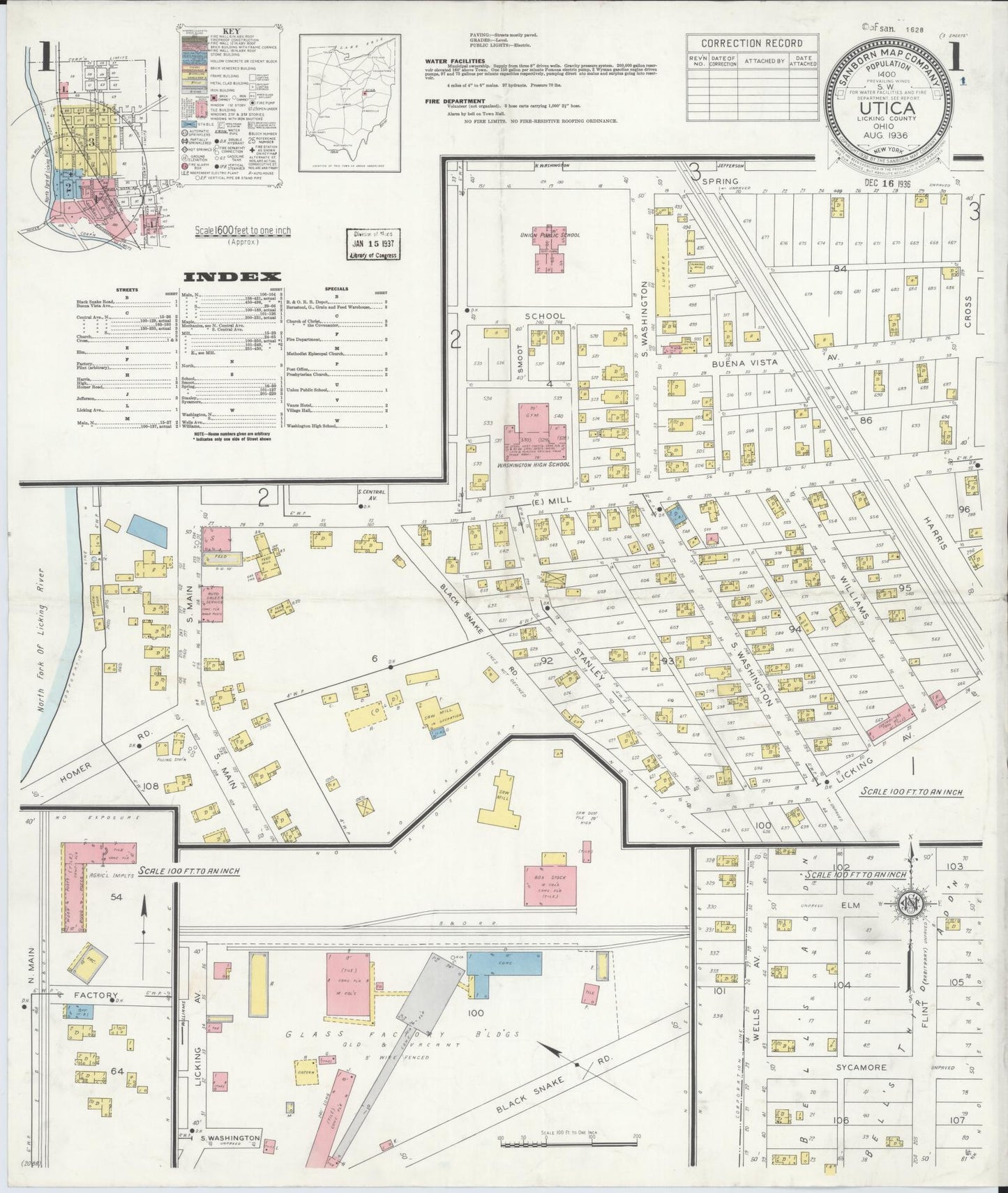 Sanborn Fire Insurance Map from Utica, Licking County, Ohio (1936), Sheet #0001 - Historic Sanborn Fire Insurance Map Print, vintage old map wall art, antique decor, genealogy gift, Ohio Ohio map