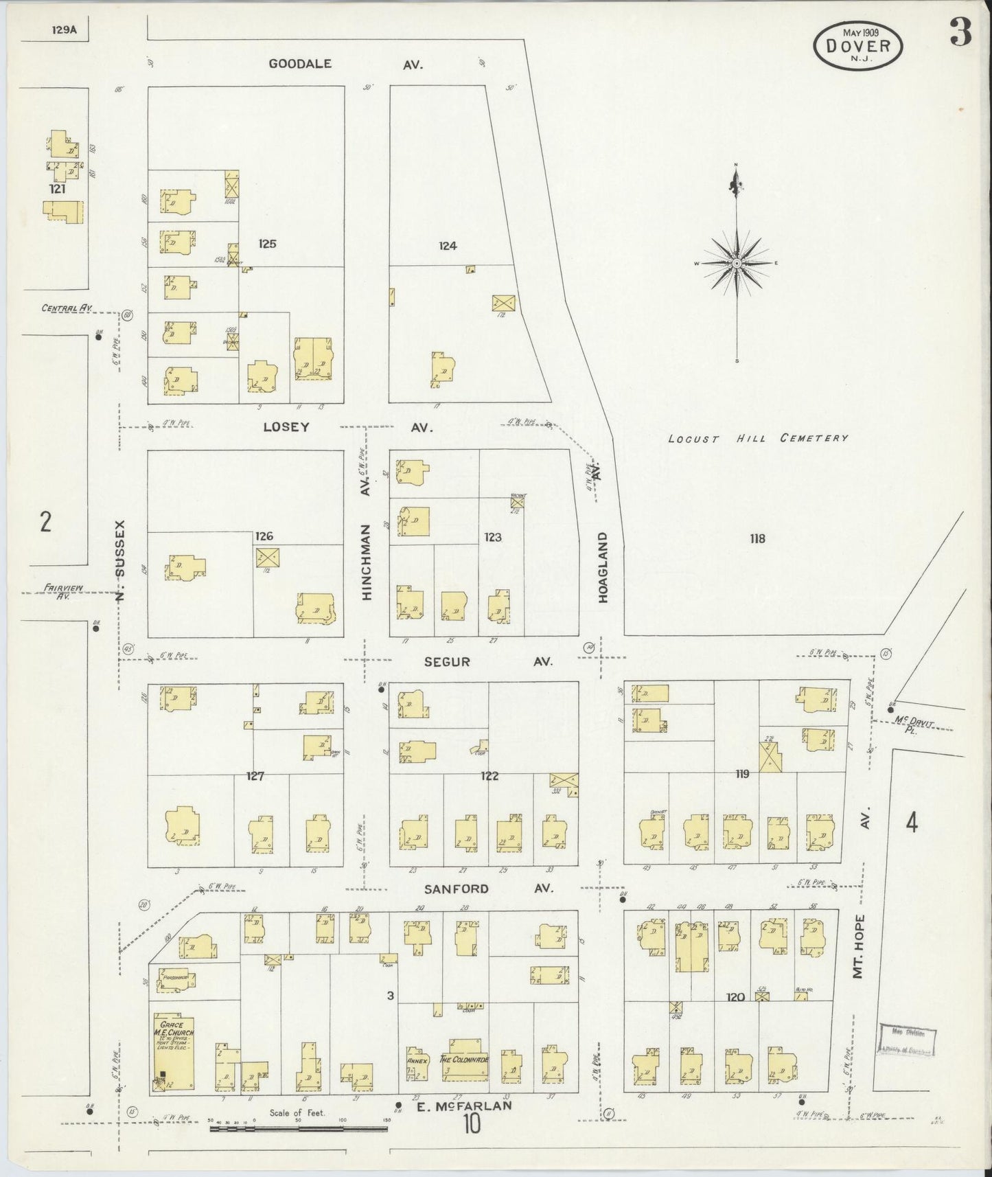 Sanborn Fire Insurance Map from Dover, Morris County, New Jersey (1909), Sheet #0003 - Historic Sanborn Fire Insurance Map Print, vintage old map wall art, antique decor, genealogy gift, New Jersey New Jersey map