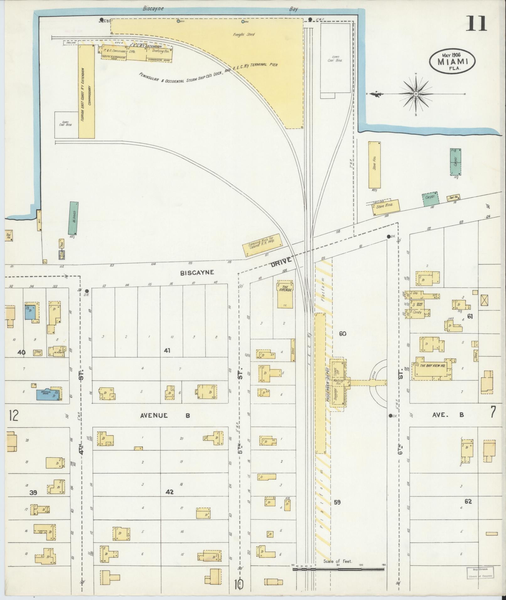 Sanborn Fire Insurance Map from Miami, Dade County, Florida (1906), Sheet #0011 - Complete Map Set gallery image, historic Sanborn map, vintage wall art, Florida Florida