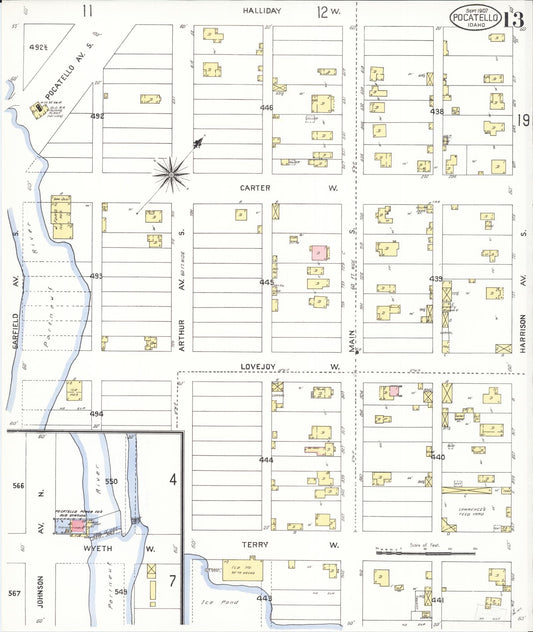 Sanborn Fire Insurance Map from Pocatello, Bannock County, Idaho (1907), Sheet #0013 - Historic Sanborn Fire Insurance Map Print, vintage old map wall art, antique decor, genealogy gift, Idaho Idaho map