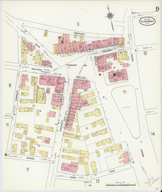 Sanborn Fire Insurance Map from Claremont, Sullivan County, New Hampshire (1910), Sheet #0009 - Historic Sanborn Fire Insurance Map Print, vintage old map wall art, antique decor, genealogy gift, New Hampshire New Hampshire map
