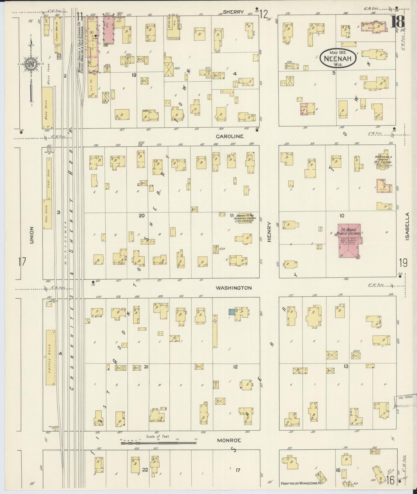 Sanborn Fire Insurance Map from Neenah, Winnebago County, Wisconsin (1913), Sheet #0018 - Complete Map Set gallery image, historic Sanborn map, vintage wall art, Wisconsin Wisconsin