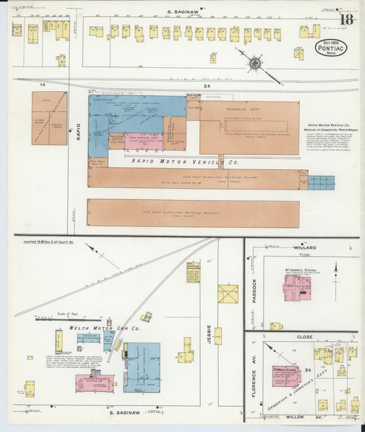 Sanborn Fire Insurance Map from Pontiac, Oakland County, Michigan (1909), Sheet #0018 - Historic Sanborn Fire Insurance Map Print, vintage old map wall art, antique decor, genealogy gift, Michigan Michigan map