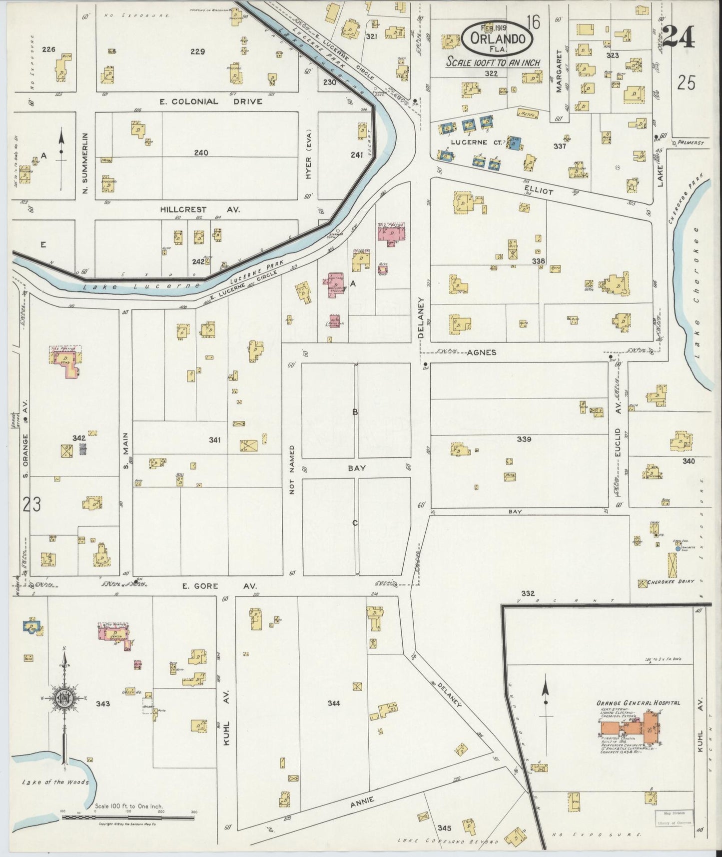 Sanborn Fire Insurance Map from Orlando, Orange County, Florida (1919), Sheet #0024 - Historic Sanborn Fire Insurance Map Print, vintage old map wall art, antique decor, genealogy gift, Florida Florida map