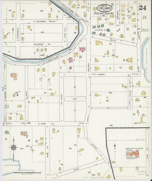 Sanborn Fire Insurance Map from Orlando, Orange County, Florida (1919), Sheet #0024 - Historic Sanborn Fire Insurance Map Print, vintage old map wall art, antique decor, genealogy gift, Florida Florida map