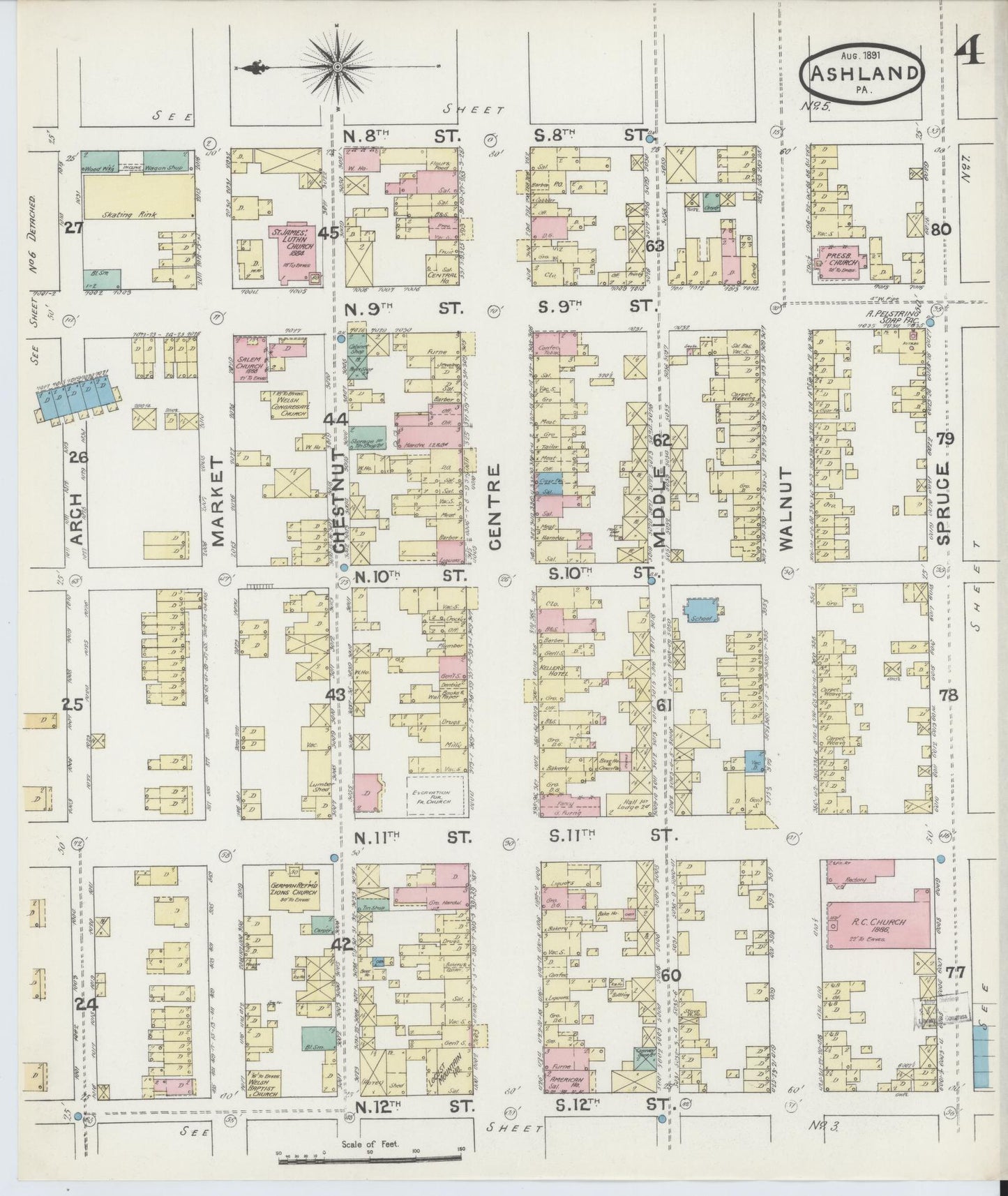 Sanborn Fire Insurance Map from Ashland, Schuylkill County, Pennsylvania (1891), Sheet #0004 - Historic Sanborn Fire Insurance Map Print, vintage old map wall art, antique decor, genealogy gift, Pennsylvania Pennsylvania map