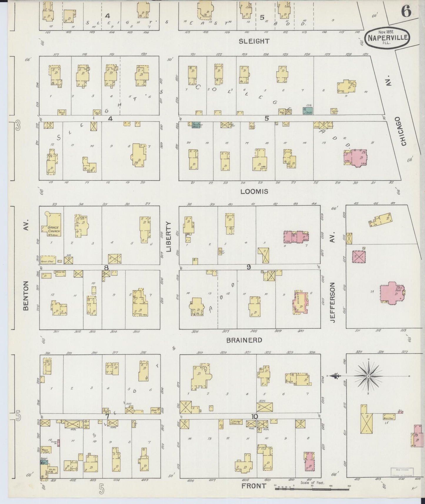 Sanborn Fire Insurance Map from Naperville, Du Page County, Illinois (1892), Sheet #0006 - Historic Sanborn Fire Insurance Map Print, vintage old map wall art, antique decor, genealogy gift, Illinois Illinois map