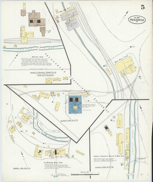 Sanborn Fire Insurance Map from Pocahontas, Tazewell County, Virginia (1908), Sheet #0005 - Historic Sanborn Fire Insurance Map Print, vintage old map wall art, antique decor, genealogy gift, Virginia Virginia map