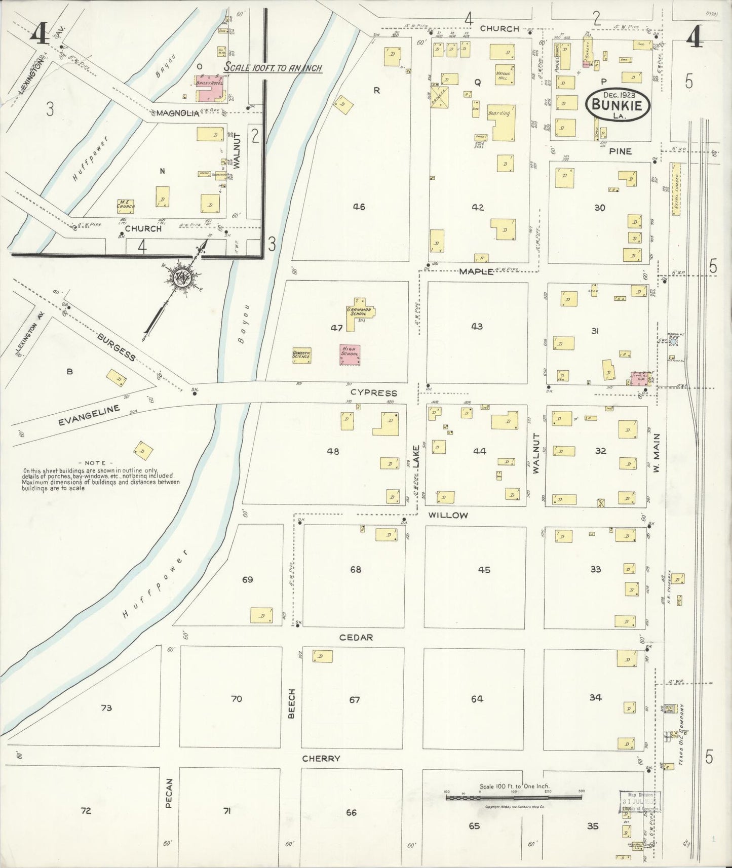 Sanborn Fire Insurance Map from Bunkie, Avoyelles Parish, Louisiana (1923), Sheet #0004 - Historic Sanborn Fire Insurance Map Print, vintage old map wall art, antique decor, genealogy gift, Louisiana Louisiana map