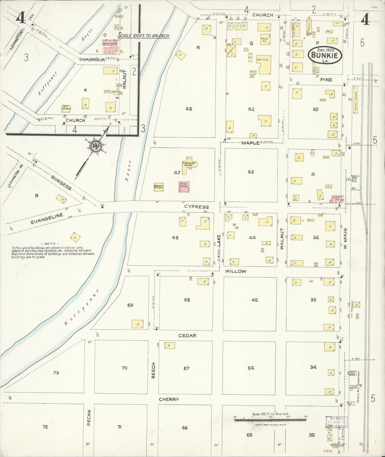 Sanborn Fire Insurance Map from Bunkie, Avoyelles Parish, Louisiana (1923), Sheet #0004 - Historic Sanborn Fire Insurance Map Print, vintage old map wall art, antique decor, genealogy gift, Louisiana Louisiana map
