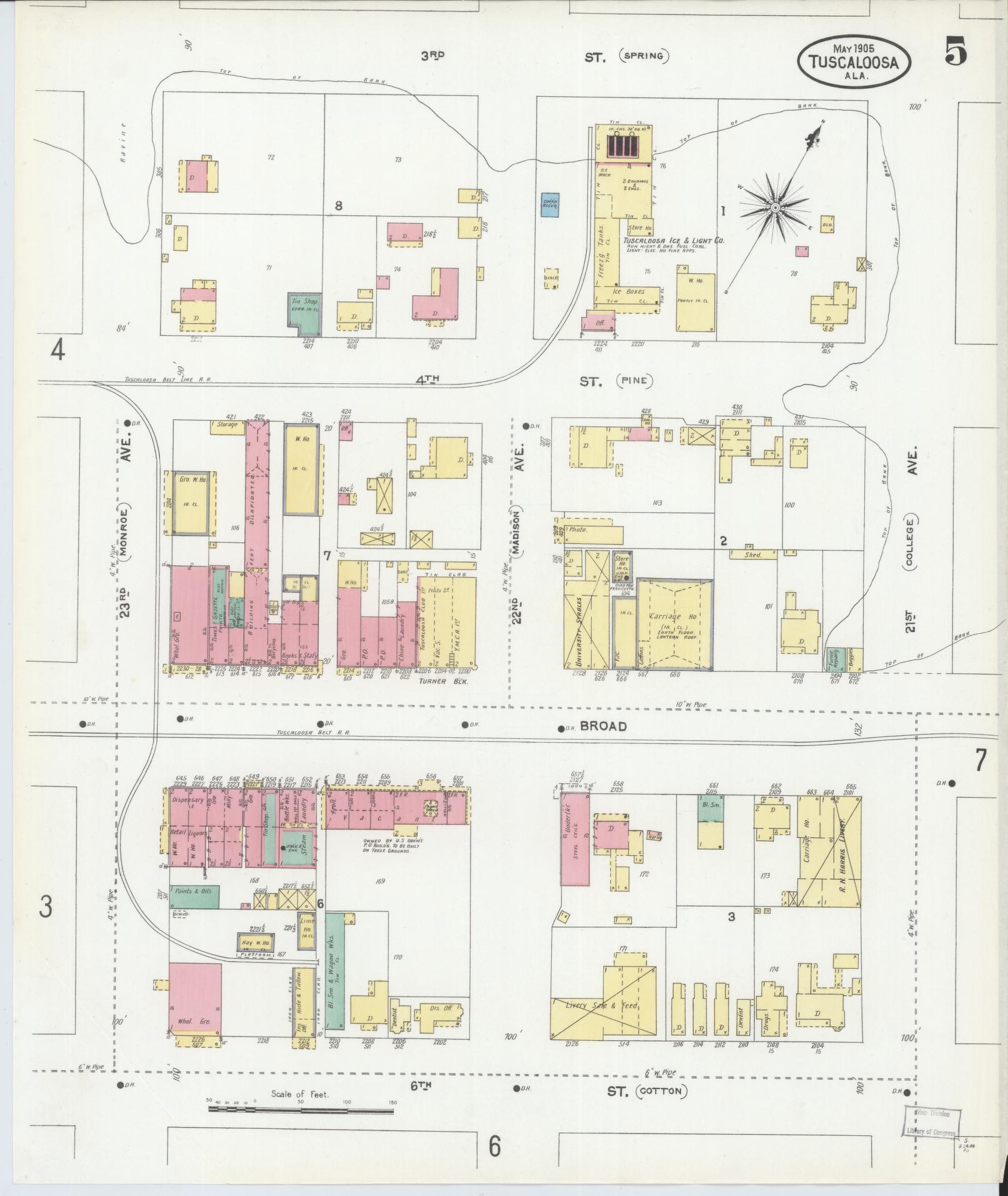 Sanborn Fire Insurance Map from Tuscaloosa, Tuscaloosa County, Alabama (1905), Sheet #0005 - Complete Map Set gallery image, historic Sanborn map, vintage wall art, Alabama Alabama