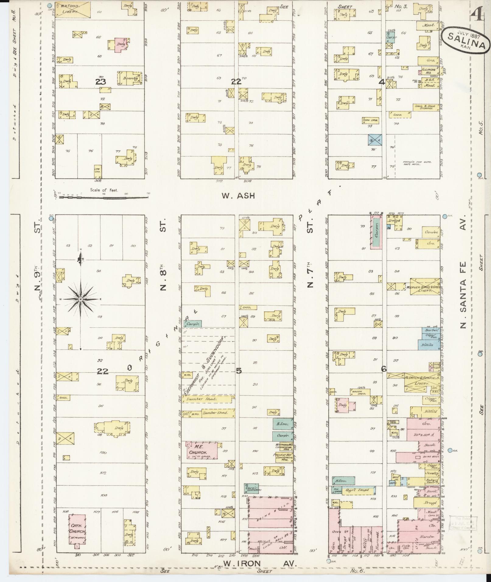 Sanborn Fire Insurance Map from Salina, Saline County, Kansas (1887), Sheet #0004 - Historic Sanborn Fire Insurance Map Print, vintage old map wall art, antique decor, genealogy gift, Kansas Kansas map