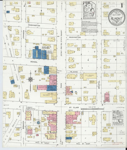 Sanborn Fire Insurance Map from Almont, Lapeer County, Michigan (1921), Sheet #0001 - Historic Sanborn Fire Insurance Map Print, vintage old map wall art, antique decor, genealogy gift, Michigan Michigan map