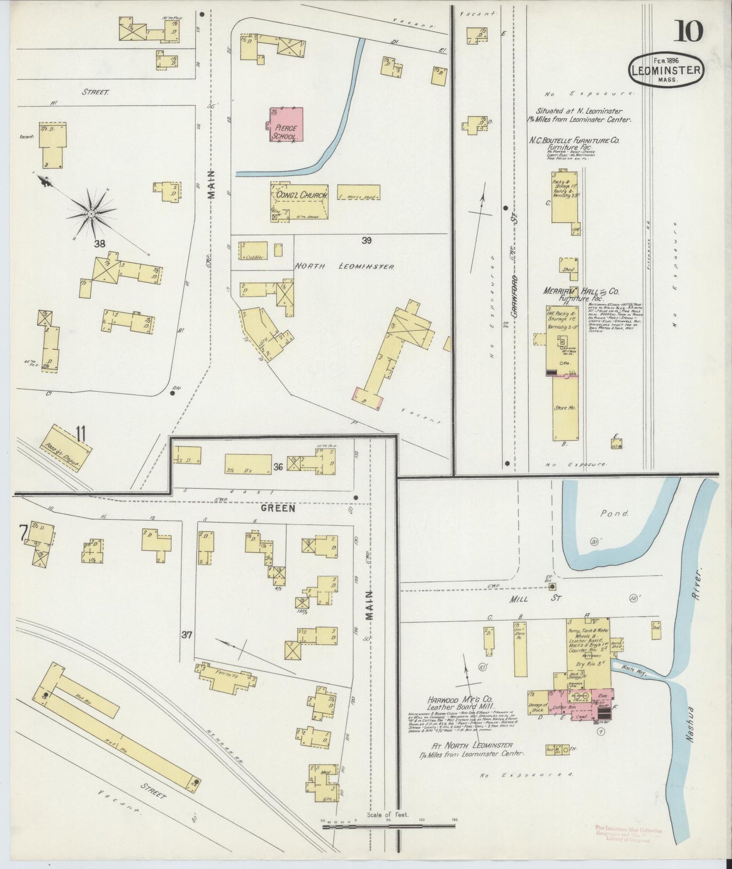 Sanborn Fire Insurance Map from Leominster, Worcester County, Massachusetts (1896), Sheet #0010 - Historic Sanborn Fire Insurance Map Print, vintage old map wall art, antique decor, genealogy gift, Massachusetts Massachusetts map
