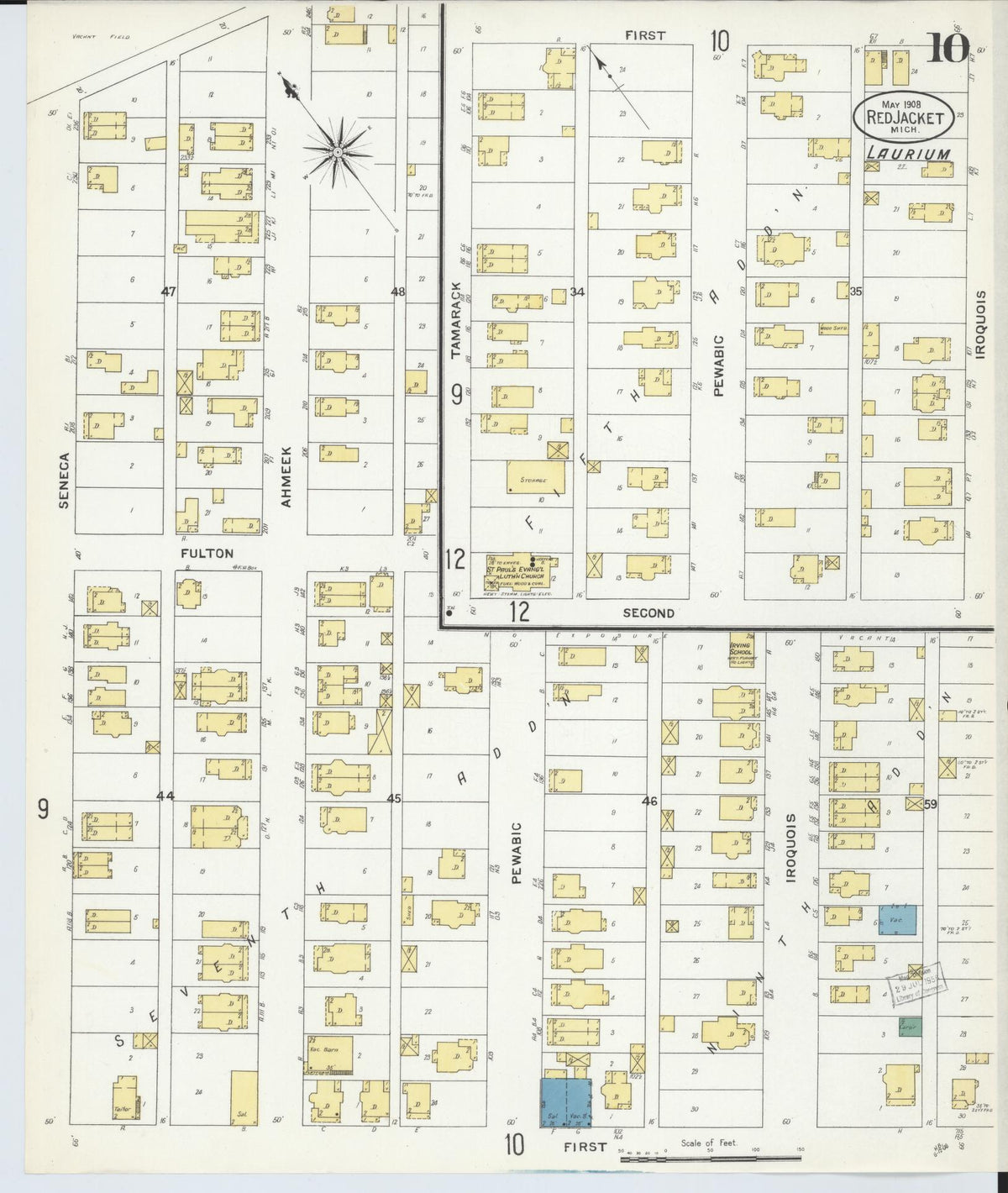 Sanborn Fire Insurance Map from Red Jacket, Houghton County, Michigan (1908), Sheet #0010 - Historic Sanborn Fire Insurance Map Print, vintage old map wall art, antique decor, genealogy gift, Michigan Michigan map