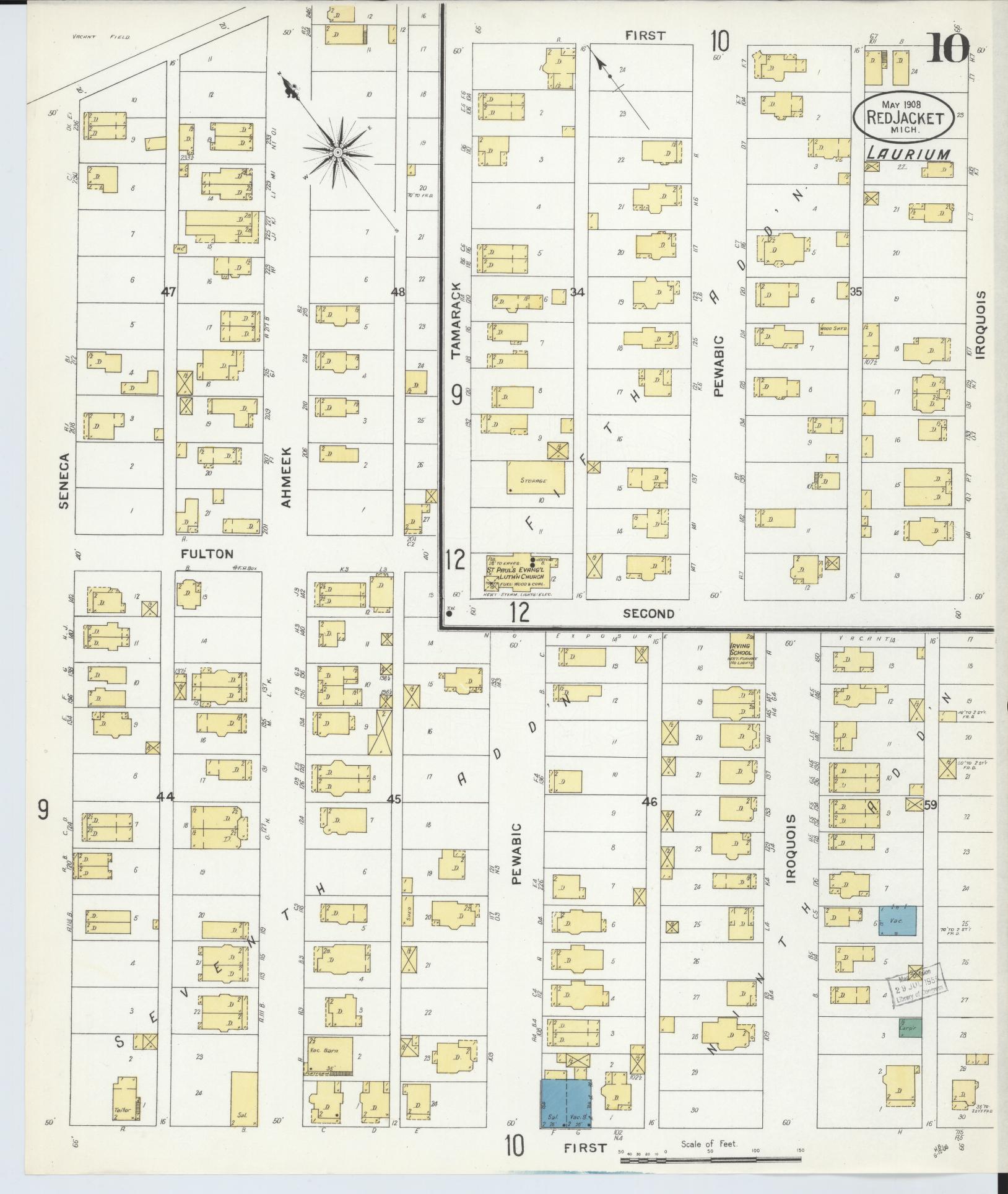 Sanborn Fire Insurance Map from Red Jacket, Houghton County, Michigan (1908), Sheet #0010 - Historic Sanborn Fire Insurance Map Print, vintage old map wall art, antique decor, genealogy gift, Michigan Michigan map