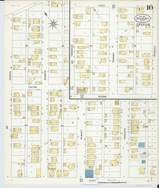 Sanborn Fire Insurance Map from Red Jacket, Houghton County, Michigan (1908), Sheet #0010 - Historic Sanborn Fire Insurance Map Print, vintage old map wall art, antique decor, genealogy gift, Michigan Michigan map