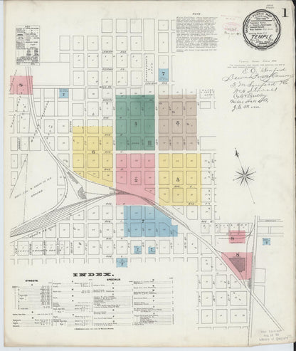 Sanborn Fire Insurance Map from Temple, Bell County, Texas (1893), Sheet #0001 - Historic Sanborn Fire Insurance Map Print, vintage old map wall art, antique decor, genealogy gift, Texas Texas map
