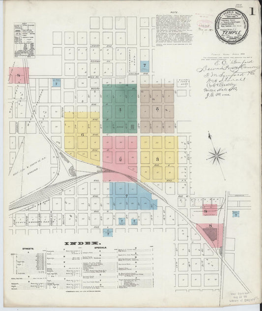 Sanborn Fire Insurance Map from Temple, Bell County, Texas (1893), Sheet #0001 - Historic Sanborn Fire Insurance Map Print, vintage old map wall art, antique decor, genealogy gift, Texas Texas map