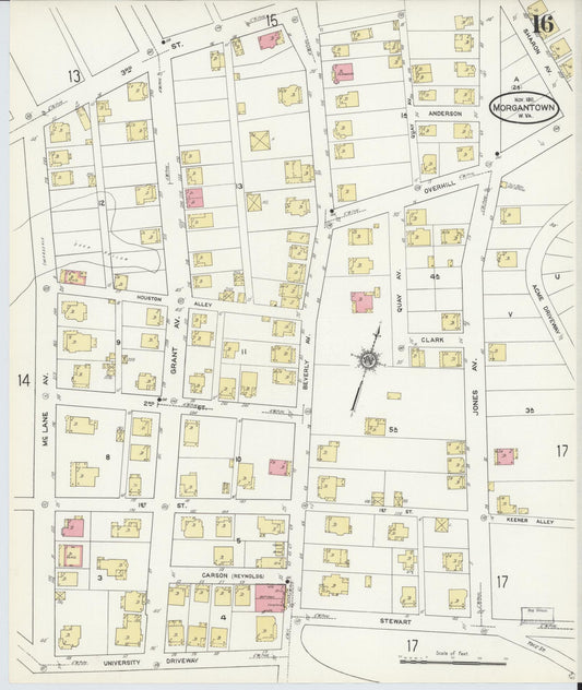 Sanborn Fire Insurance Map from Morgantown, Monongalia County, West Virginia (1911), Sheet #0016 - Historic Sanborn Fire Insurance Map Print, vintage old map wall art, antique decor, genealogy gift, West Virginia West Virginia map
