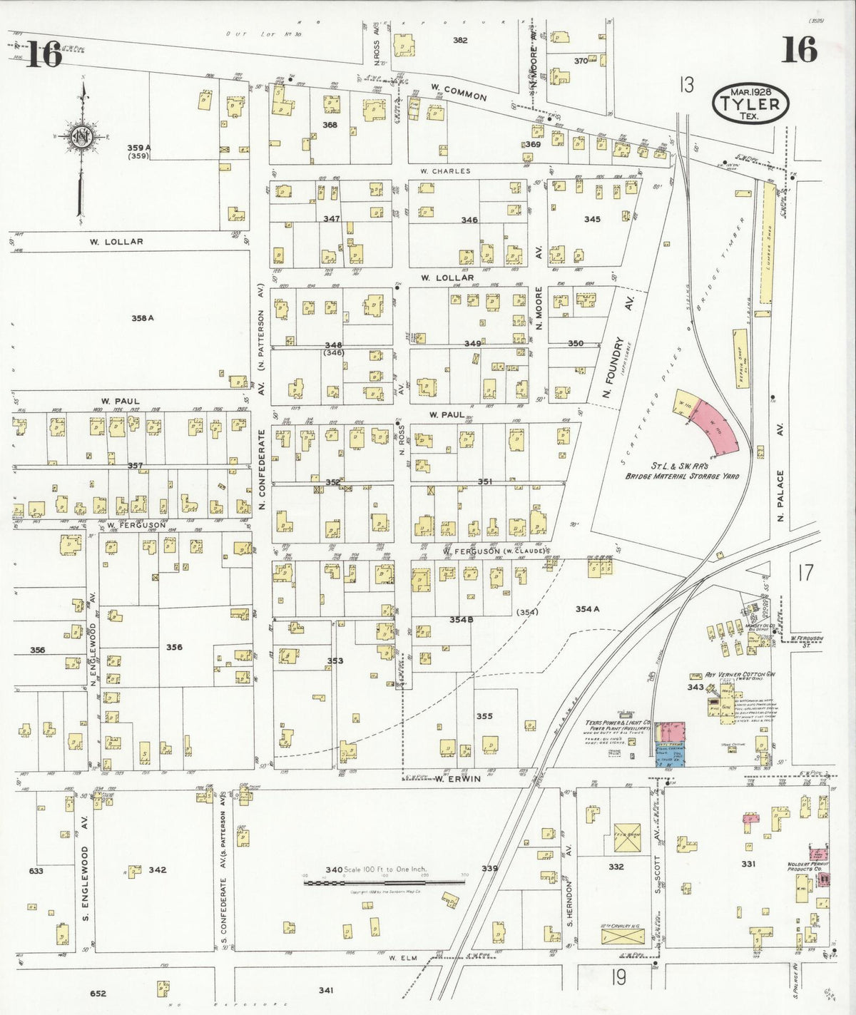 Sanborn Fire Insurance Map from Tyler, Smith County, Texas (1928), Sheet #0016 - Complete Map Set gallery image, historic Sanborn map, vintage wall art, Texas Texas