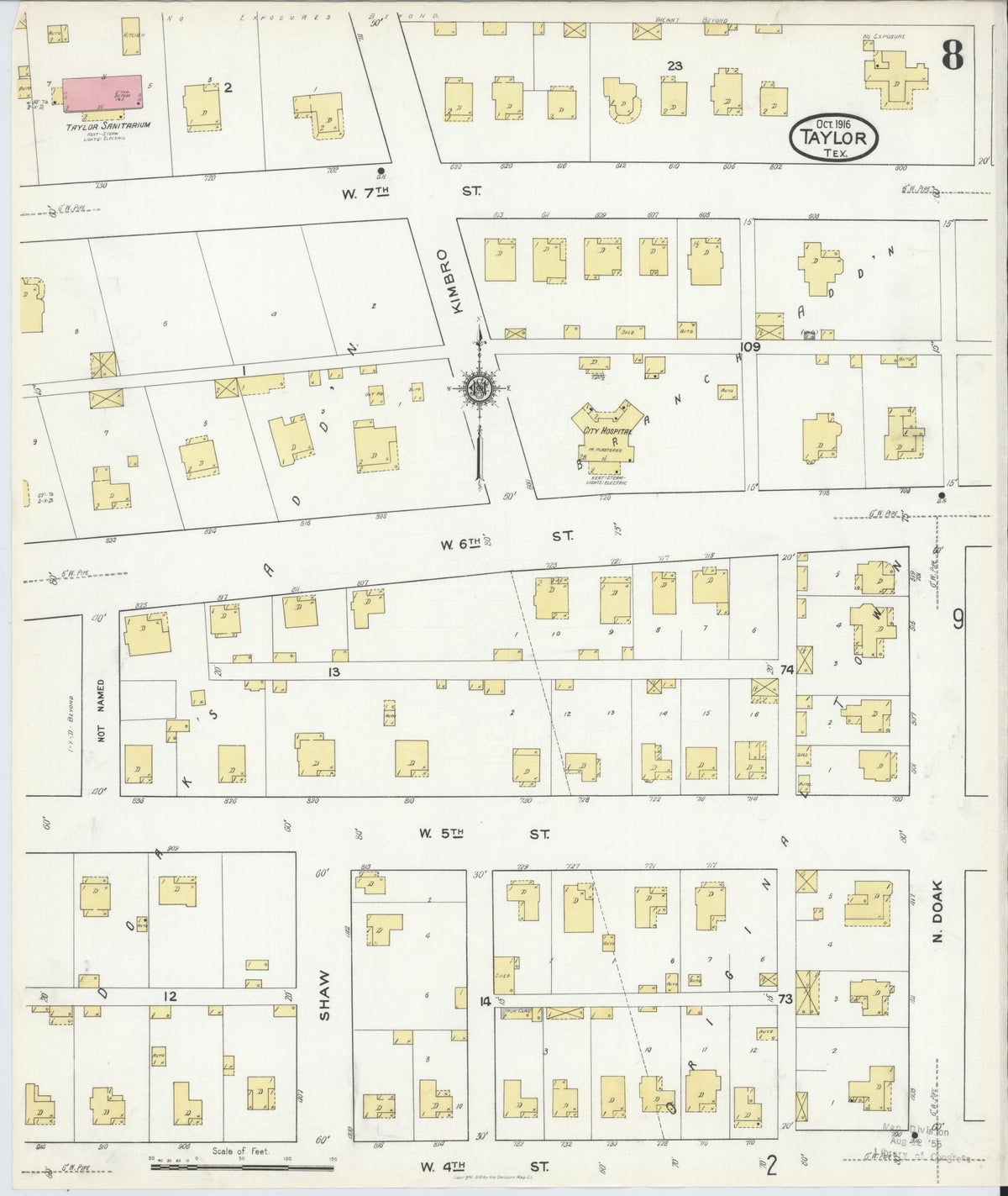 Sanborn Fire Insurance Map from Taylor, Williamson County, Texas (1916), Sheet #0008 - Historic Sanborn Fire Insurance Map Print, vintage old map wall art, antique decor, genealogy gift, Texas Texas map