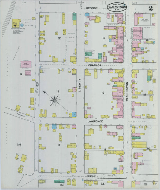 Sanborn Fire Insurance Map from Charles Town, Jefferson County, West Virginia (1892), Sheet #0002 - Historic Sanborn Fire Insurance Map Print, vintage old map wall art, antique decor, genealogy gift, West Virginia West Virginia map