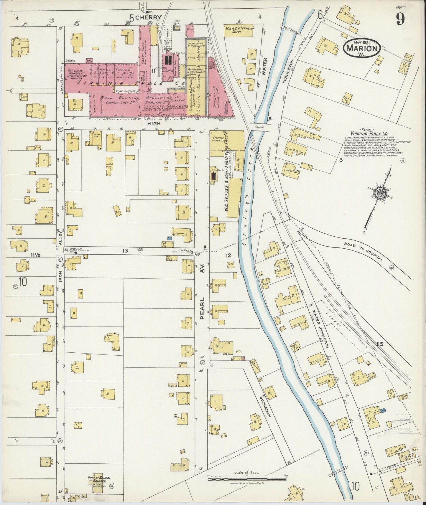Sanborn Fire Insurance Map from Marion, Smyth County, Virginia (1921), Sheet #0009 - Historic Sanborn Fire Insurance Map Print, vintage old map wall art, antique decor, genealogy gift, Virginia Virginia map