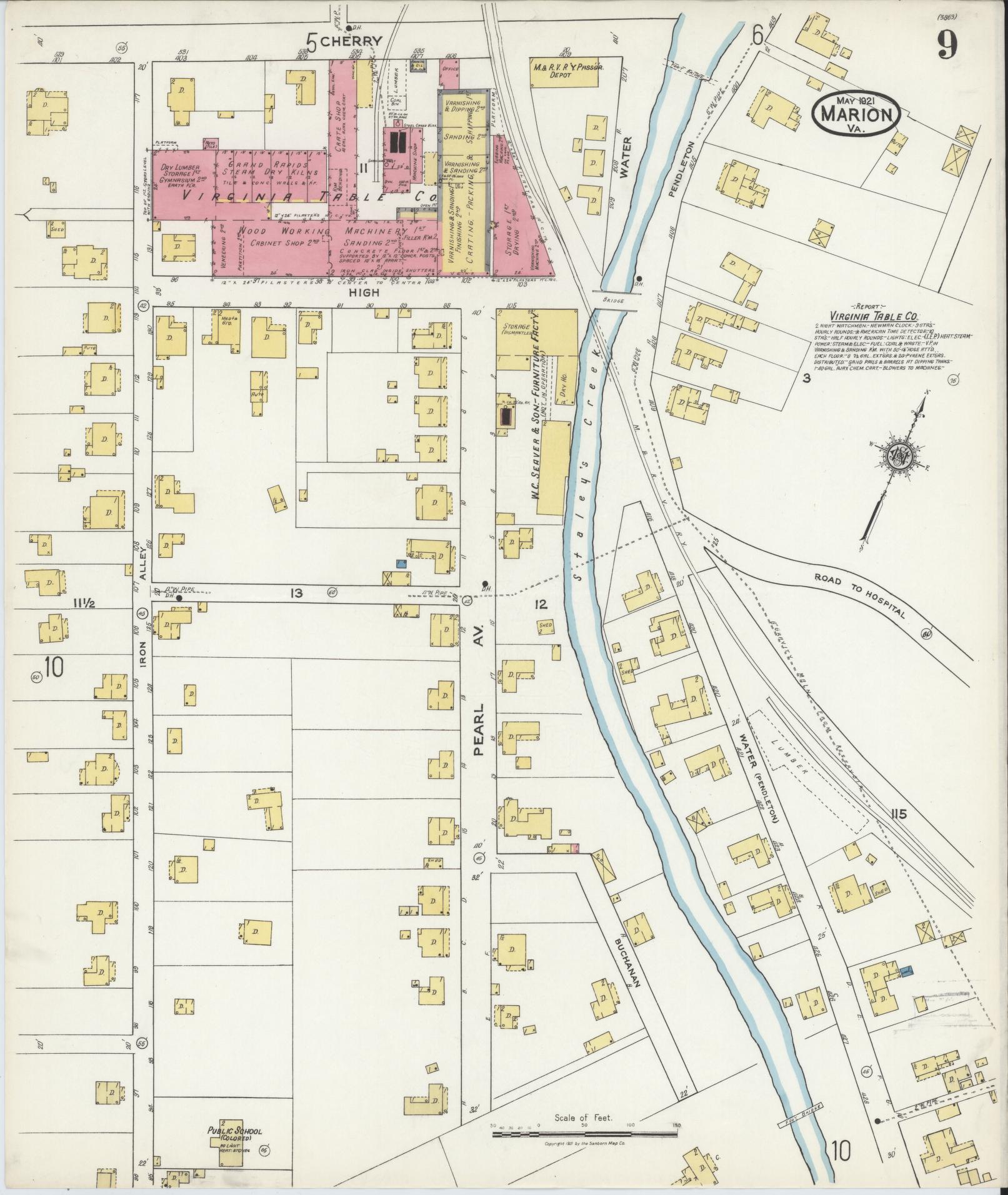 Sanborn Fire Insurance Map from Marion, Smyth County, Virginia (1921), Sheet #0009 - Historic Sanborn Fire Insurance Map Print, vintage old map wall art, antique decor, genealogy gift, Virginia Virginia map