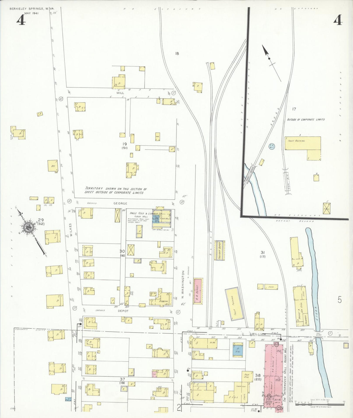 Sanborn Fire Insurance Map from Berkeley Springs, Morgan County, West Virginia (1941), Sheet #0004 - Historic Sanborn Fire Insurance Map Print, vintage old map wall art, antique decor, genealogy gift, West Virginia West Virginia map