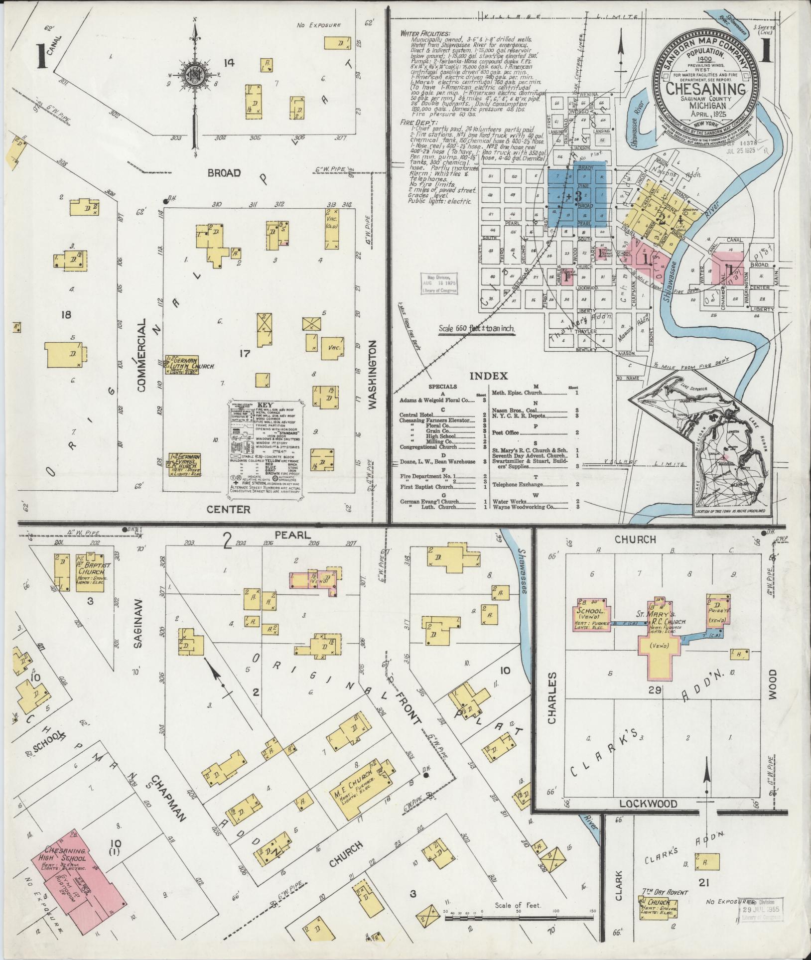 Sanborn Fire Insurance Map from Chesaning, Saginaw County, Michigan (1925), Sheet #0001 - Complete Map Set gallery image, historic Sanborn map, vintage wall art, Michigan Michigan