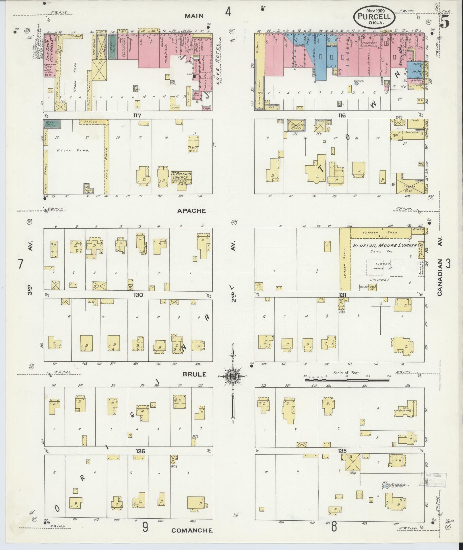 Sanborn Fire Insurance Map from Purcell, McClain County, Oklahoma (1909), Sheet #0005 - Complete Map Set gallery image, historic Sanborn map, vintage wall art, Oklahoma Oklahoma