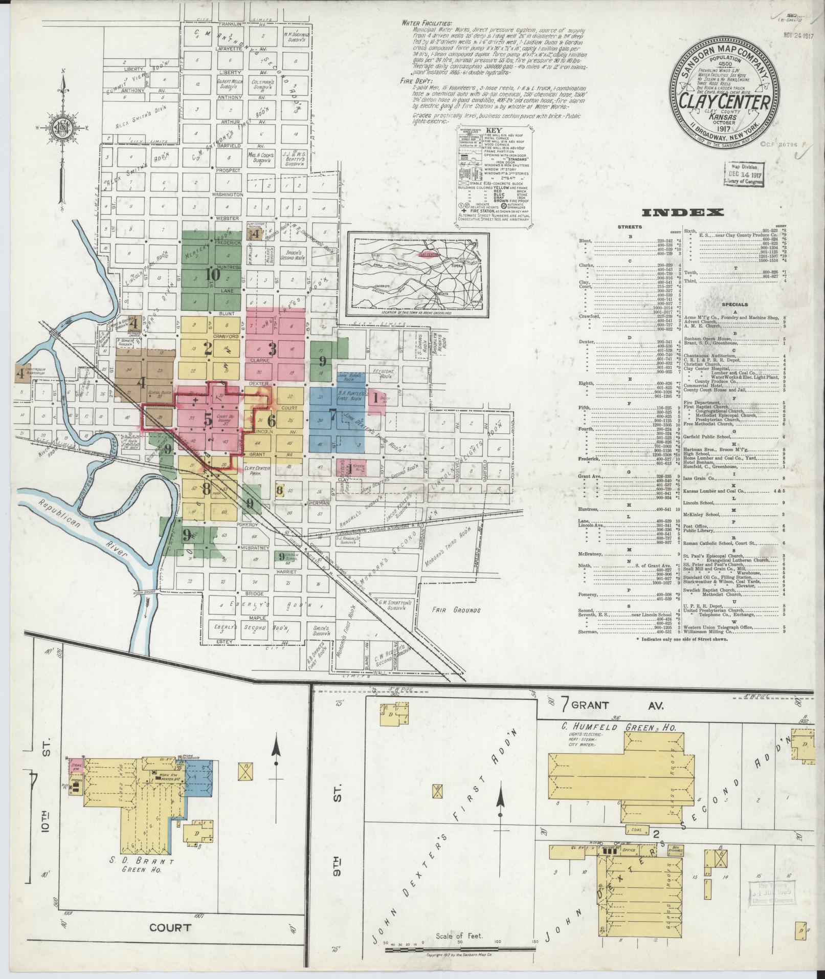 Sanborn Fire Insurance Map from Clay Center, Clay County, Kansas (1917), Sheet #0001 - Historic Sanborn Fire Insurance Map Print, vintage old map wall art, antique decor, genealogy gift, Kansas Kansas map