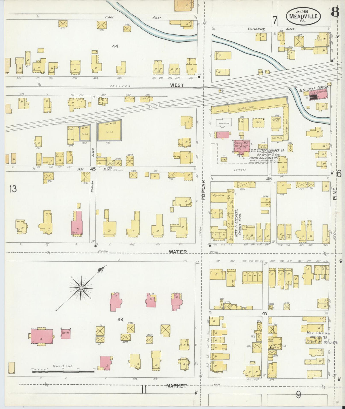 Sanborn Fire Insurance Map from Meadville, Crawford County, Pennsylvania (1901), Sheet #0008 - Historic Sanborn Fire Insurance Map Print, vintage old map wall art, antique decor, genealogy gift, Pennsylvania Pennsylvania map