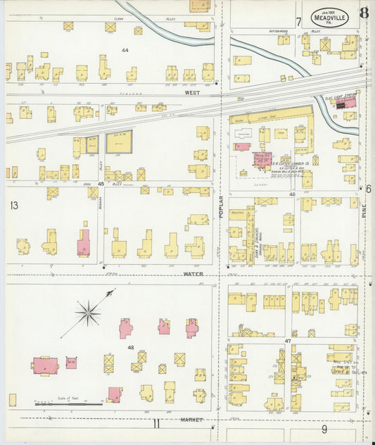 Sanborn Fire Insurance Map from Meadville, Crawford County, Pennsylvania (1901), Sheet #0008 - Historic Sanborn Fire Insurance Map Print, vintage old map wall art, antique decor, genealogy gift, Pennsylvania Pennsylvania map