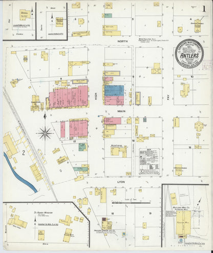 Sanborn Fire Insurance Map from Antlers, Pushmataha County, Oklahoma (1908), Sheet #0001 - Complete Map Set gallery image, historic Sanborn map, vintage wall art, Oklahoma Oklahoma