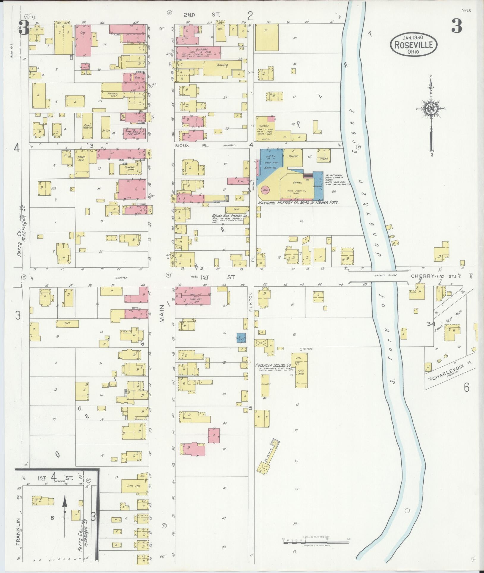 Sanborn Fire Insurance Map from Roseville, Perry And Muskingum Counties, Ohio (1930), Sheet #0003 - Complete Map Set gallery image, historic Sanborn map, vintage wall art, Ohio Ohio