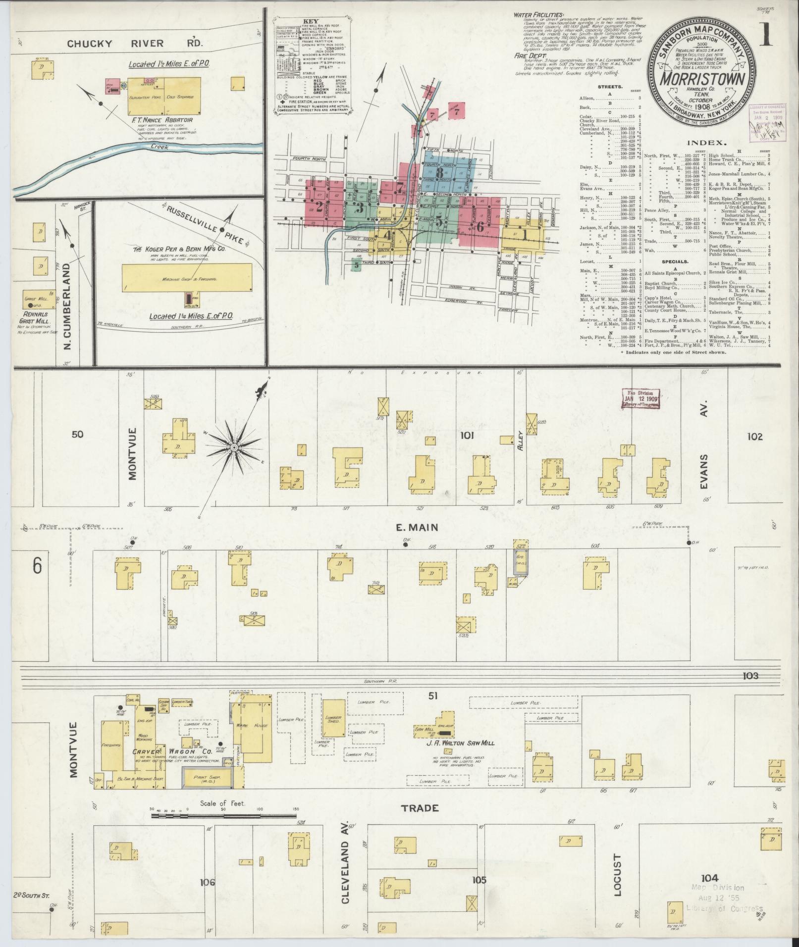 Sanborn Fire Insurance Map from Morristown, Hamblen County, Tennessee (1908), Sheet #0001 - Complete Map Set gallery image, historic Sanborn map, vintage wall art, Tennessee Tennessee