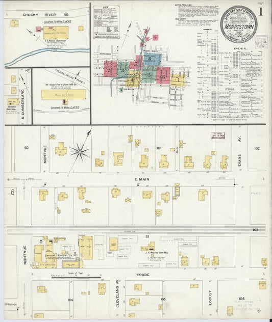 Sanborn Fire Insurance Map from Morristown, Hamblen County, Tennessee (1908), Sheet #0001 - Complete Map Set gallery image, historic Sanborn map, vintage wall art, Tennessee Tennessee