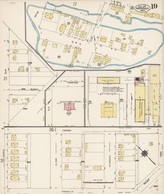 Sanborn Fire Insurance Map from Missoula, Missoula County, Montana (1912), Sheet #0019 - Historic Sanborn Fire Insurance Map Print, vintage old map wall art, antique decor, genealogy gift, Montana Montana map