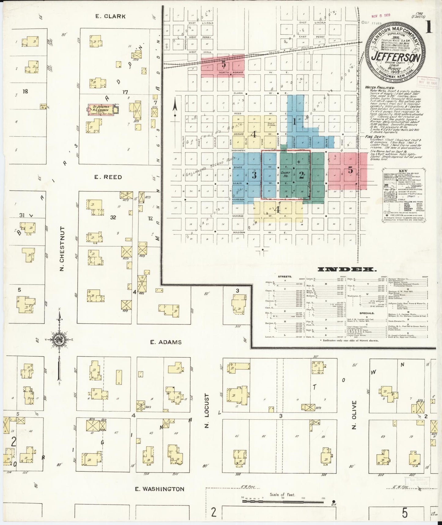 Sanborn Fire Insurance Map from Jefferson, Greene County, Iowa (1909), Sheet #0001 - Historic Sanborn Fire Insurance Map Print, vintage old map wall art